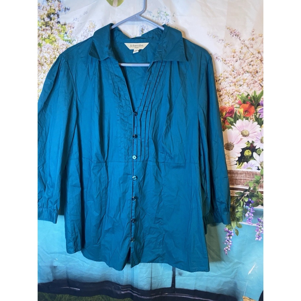 St john's Bay turquoise button spandex cotton 3/4 sleeve top 1X pleats stand up